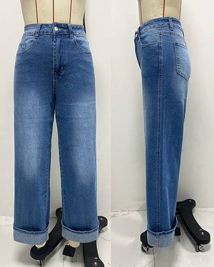 Basic High Rise Straight Cuff Jeans