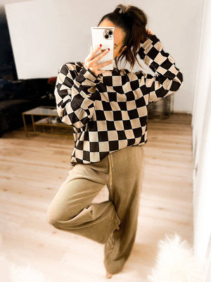 Checkered Corded Crew Sweater Set