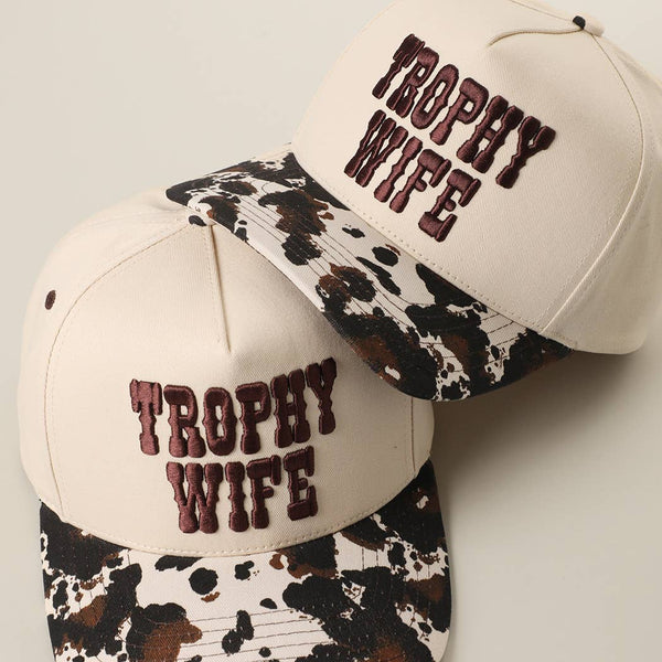 TROPHY WIFE 3D Embroidered Cow Print Brim Trucker Hat  display picture 1