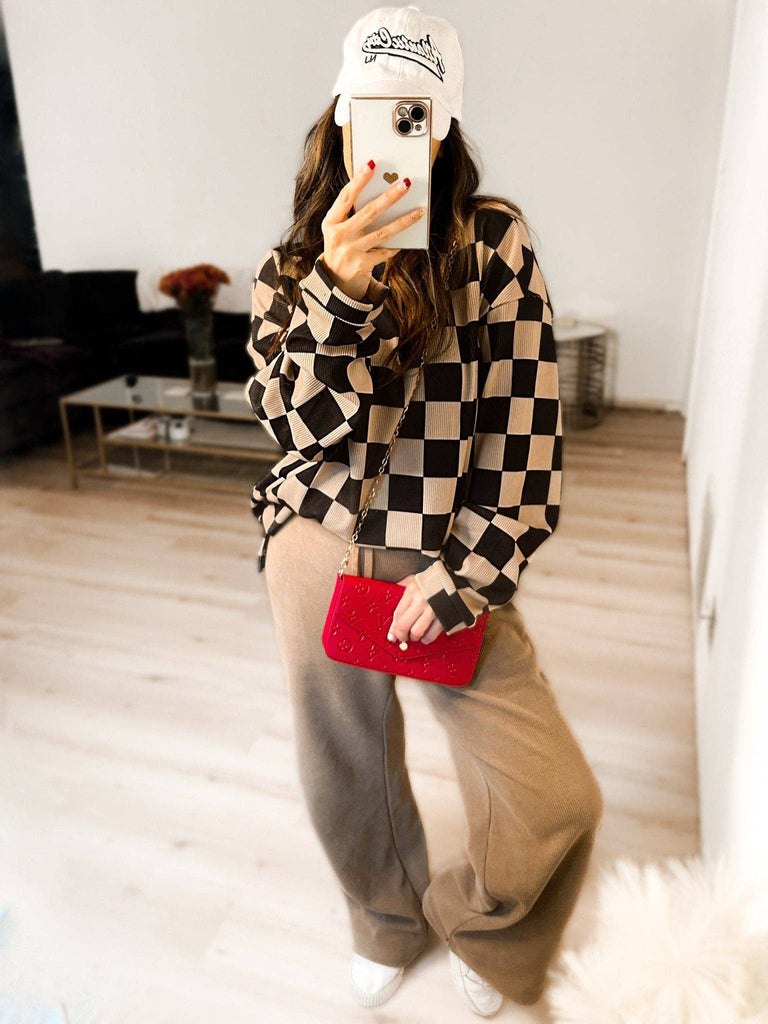 Checkered Corded Crew Sweater Set
